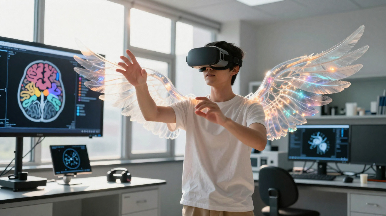 Pessoa com óculos de realidade virtual em sala de informática, com asas digitais iluminadas e ecrãs de cérebro ao fundo.