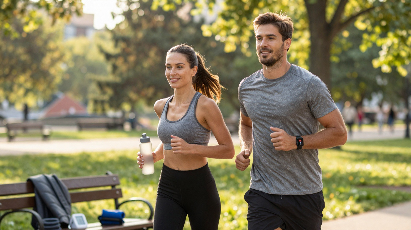 Casal jovem a correr no parque em roupa desportiva, mulher a segurar garrafa de água.