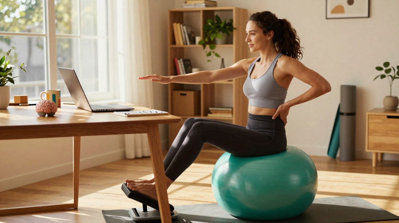 Mulher a fazer exercício sentada numa bola de ginástica, a olhar para um portátil num ambiente luminoso.