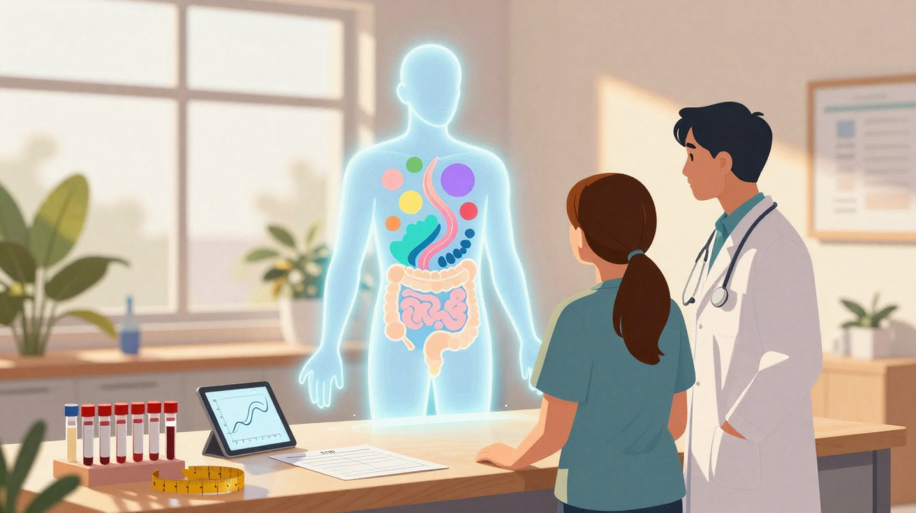 Dois médicos analisam um holograma do sistema digestivo humano numa consulta clínica moderna.