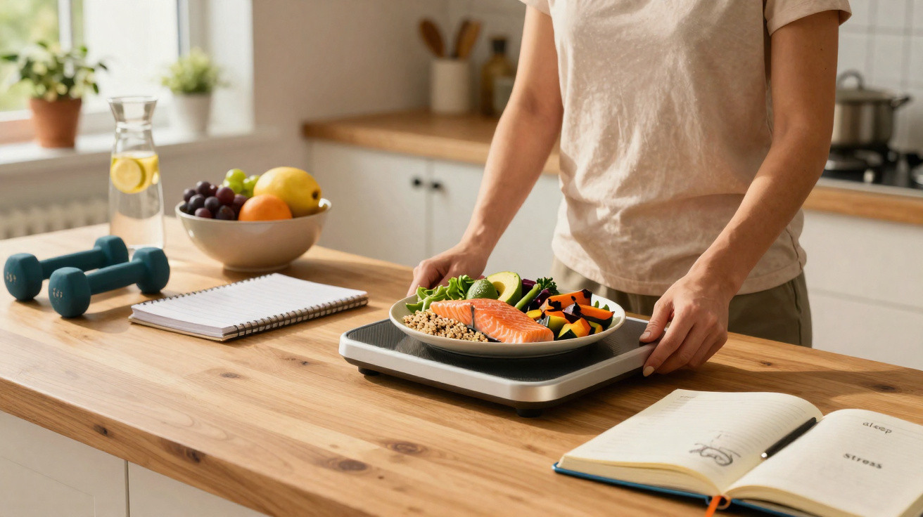 Pessoa a pesar prato com refeição saudável na cozinha, com caderno, frutas e halteres na bancada.