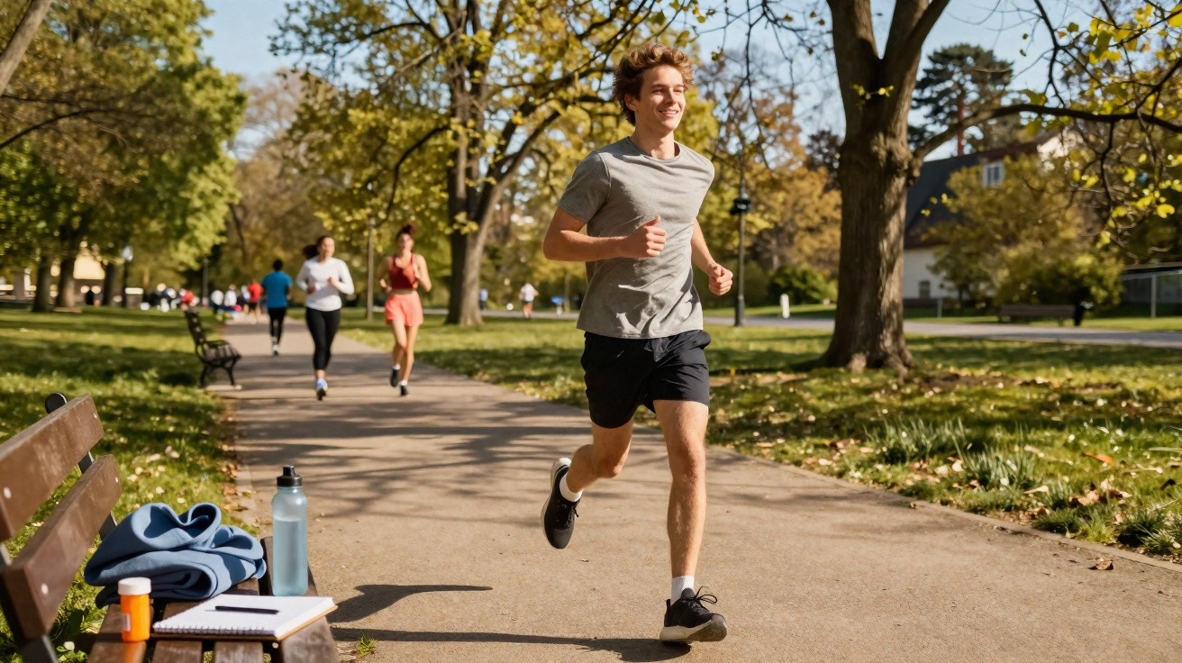 Jovem a correr num parque com outras pessoas a correr ao fundo numa manhã solarenga.