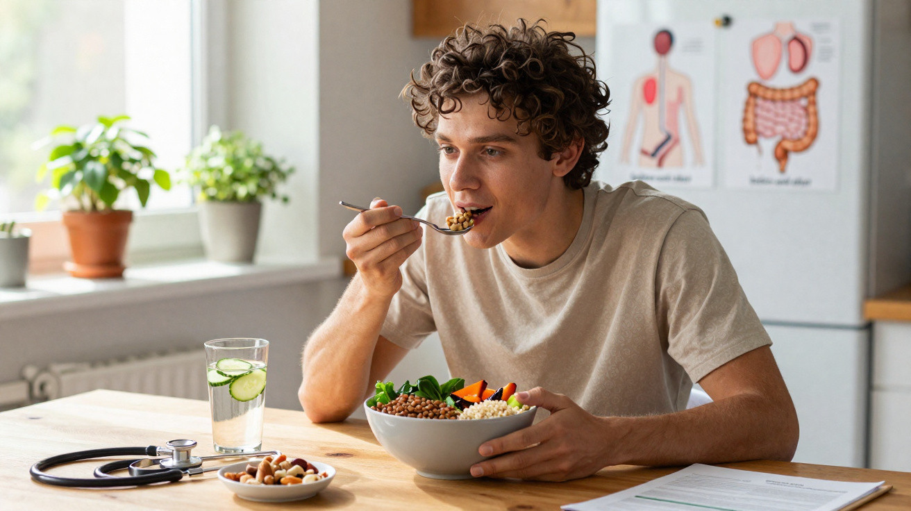 Homem a comer salada saudável junto a um estetoscópio e copo de água na cozinha iluminada.