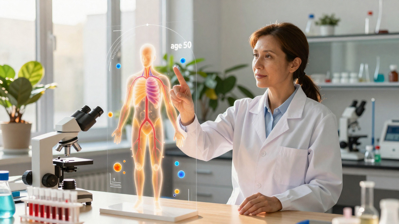 Cientista interage com projeção digital do sistema cardiovascular humano num laboratório moderno.