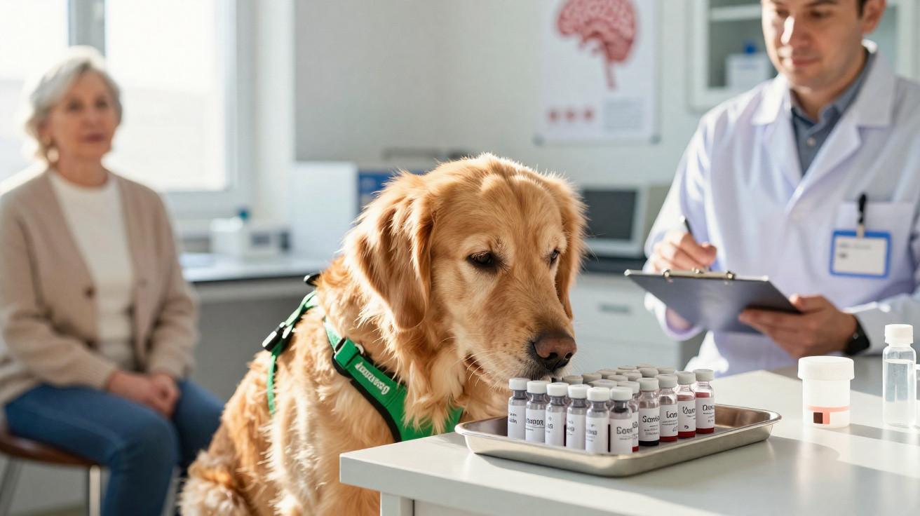 Cão de serviço com colete verde junto a frascos medicamentos com veterinário e senhora ao fundo.