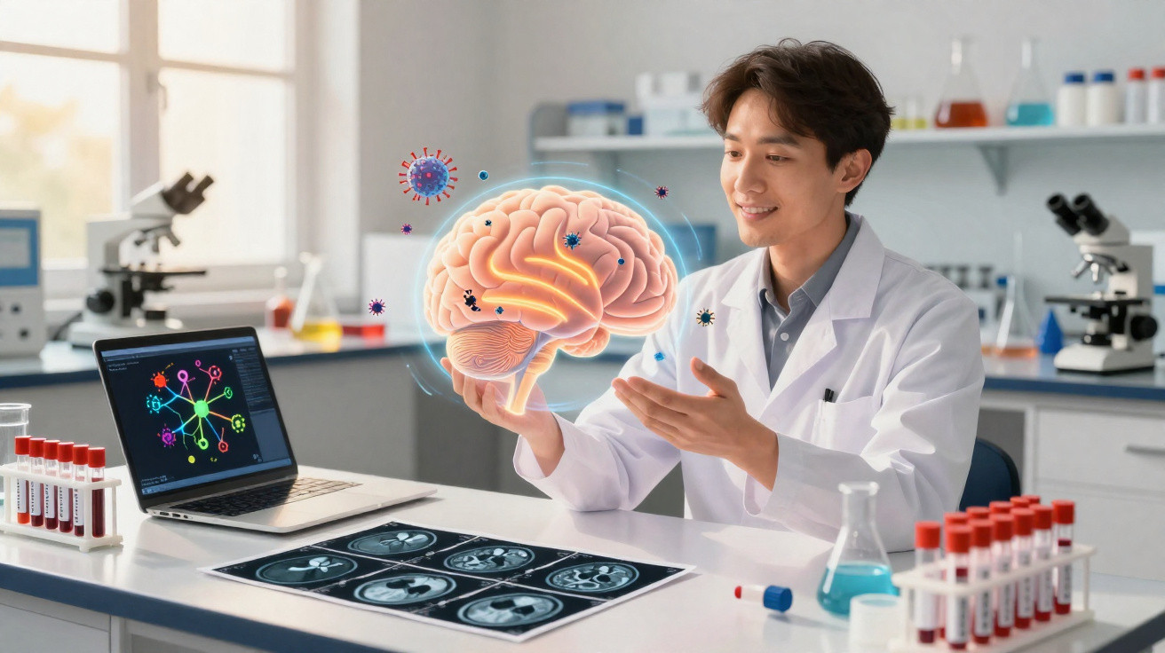 Cientista em laboratório a analisar cérebro virtual e imagens de ressonância magnética no computador.
