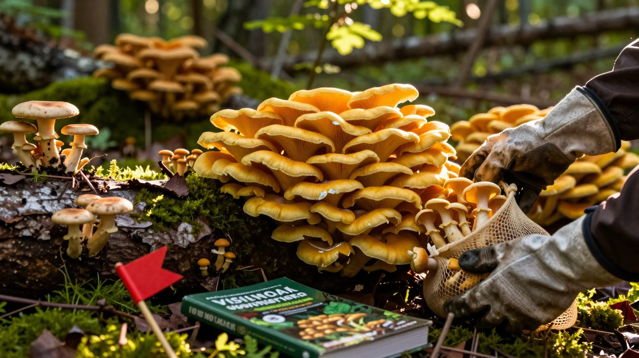 Pessoa apanha cogumelos amarelos num tronco caído numa floresta com luvas de proteção e livro de identificação.