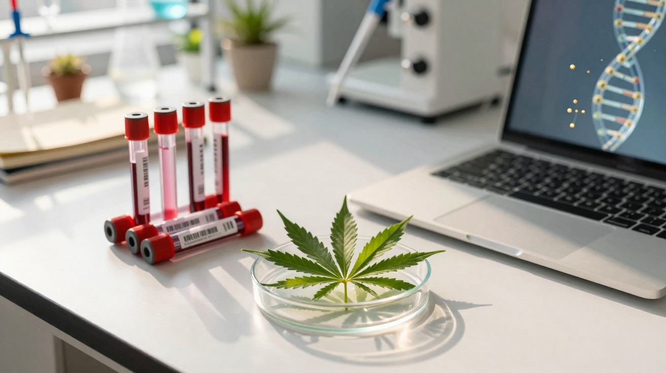 Folha de cannabis numa placa de Petri, tubos de ensaio com líquido vermelho e computador com sequência de ADN.