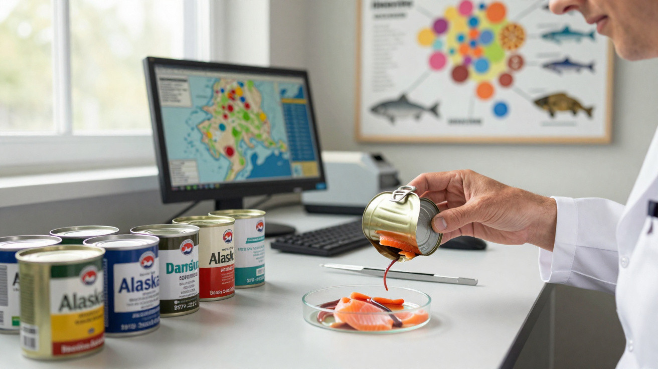 Pessoa de bata branca a verter peixe em conserva numa placa de Petri num laboratório com ecrã de computador ao fundo.