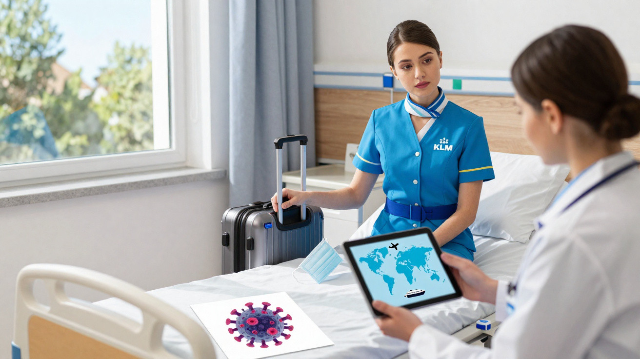 Funcionária da KLM numa sala hospitalar, conversa com médica que segura tablet com mapa mundial.