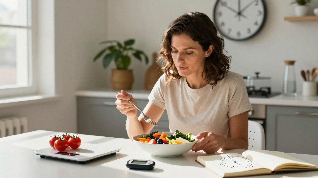 Mulher sentada a comer salada saudável numa cozinha moderna com relógio e livro na mesa.