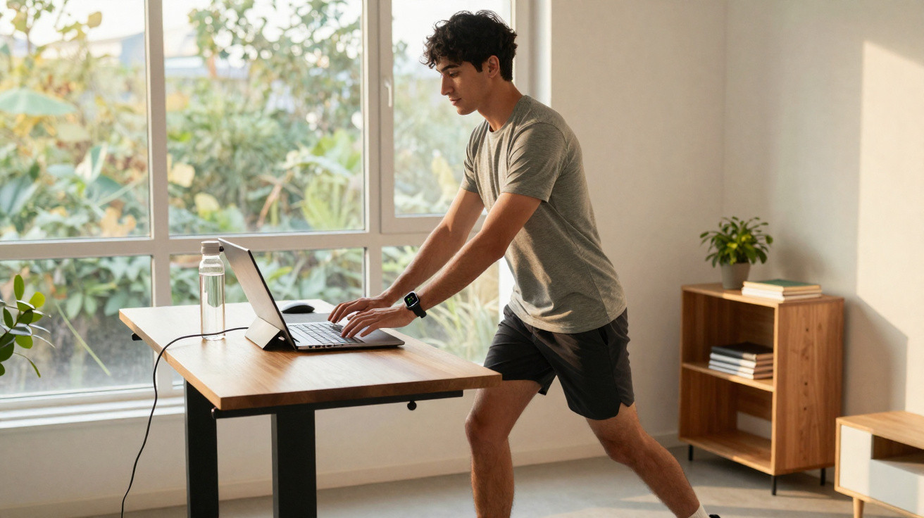Homem jovem em roupa desportiva a usar computador portátil num escritório com janela grande.