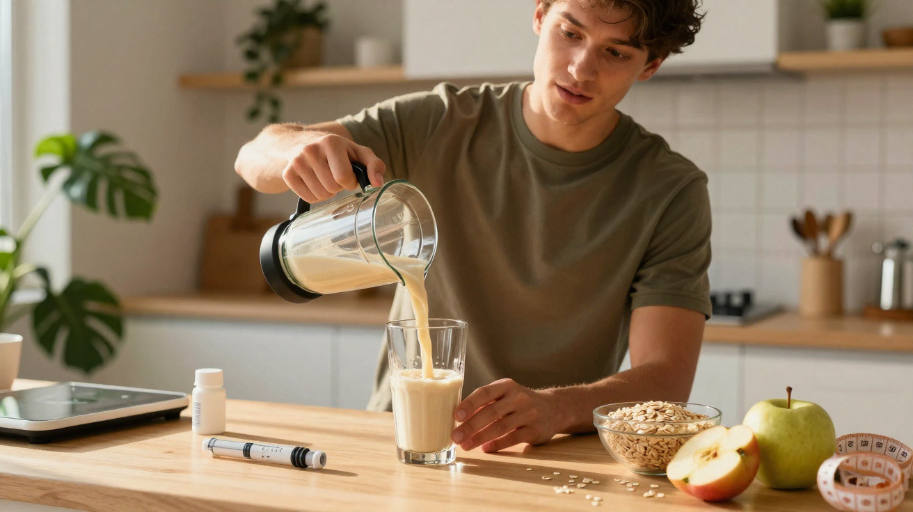 Jovem a servir batido numa cozinha moderna com maçãs, aveia e medidor num balcão em madeira.