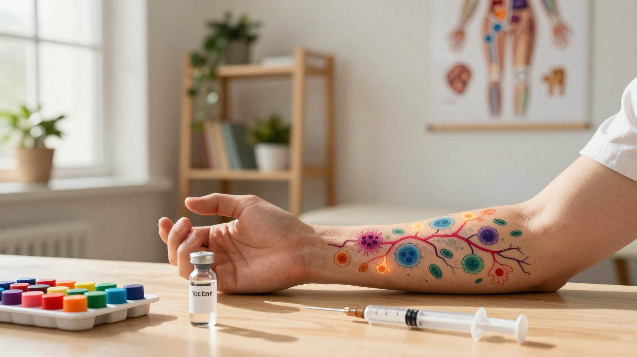 Braço com desenho colorido de células e vasos sanguíneos, seringa e frasco de vacina sobre mesa de madeira.