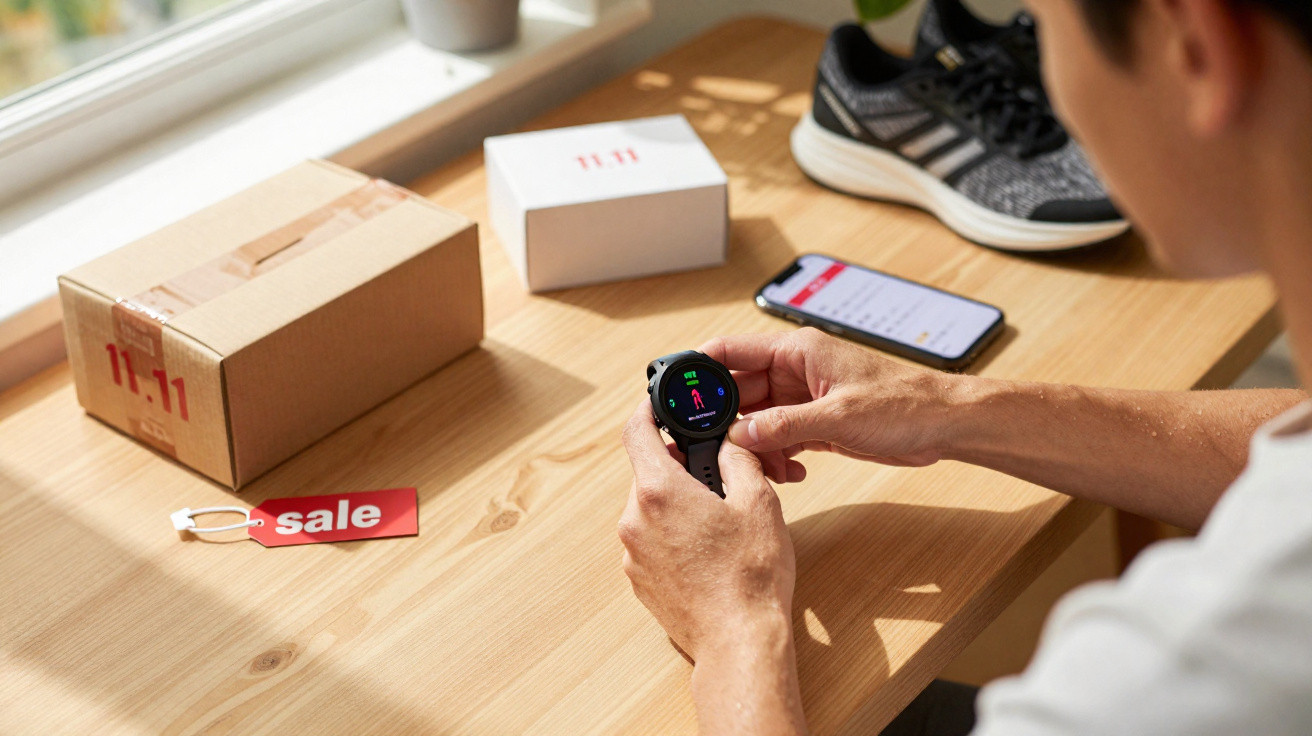 Pessoa a usar smartwatch perto de caixa, ténis e telemóvel na mesa com etiqueta de promoção "sale".