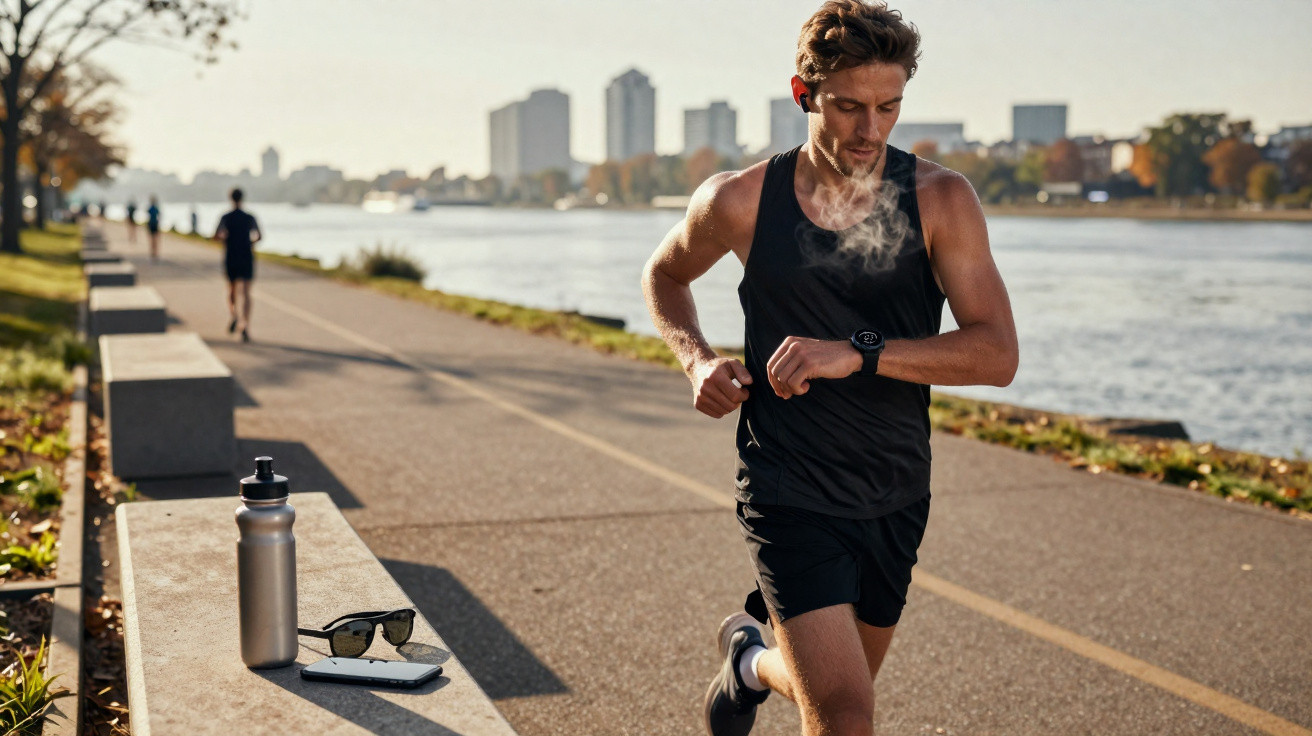 Homem a correr ao ar livre junto a rio, a verificar relógio inteligente, com garrafa, óculos e telemóvel na bancada.
