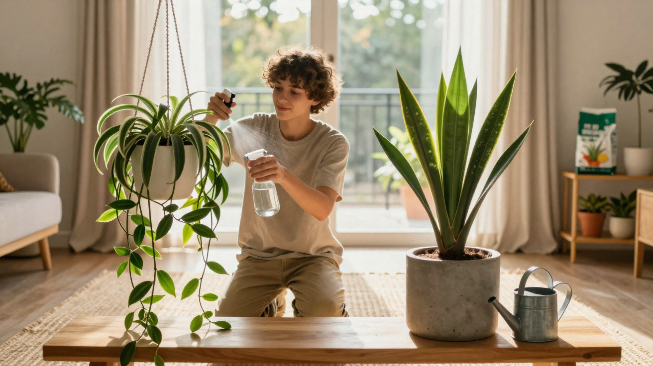 Pessoa jovem a borrifar plantas domésticas dentro de casa com luz natural a entrar pela janela.