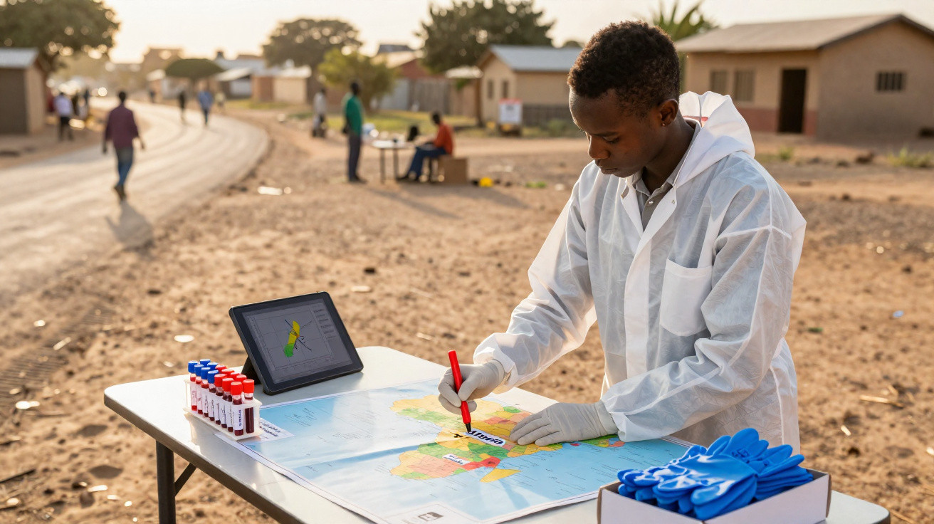 Jovem com bata branca marca mapa de África numa mesa com tubos de ensaio e tablet ao ar livre.