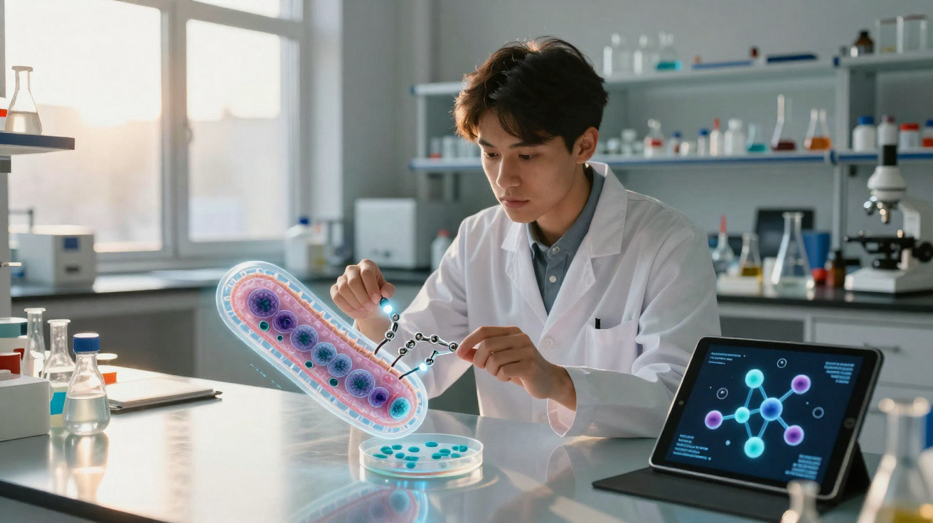 Cientista num laboratório a analisar modelo digital de bactéria com moléculas numa mesa iluminada.