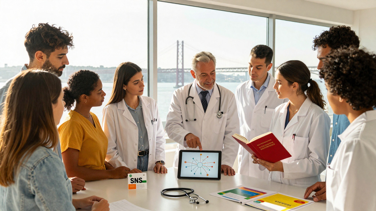 Grupo de médicos e estudantes numa reunião com um tablet e material médico numa sala com vista para uma ponte.