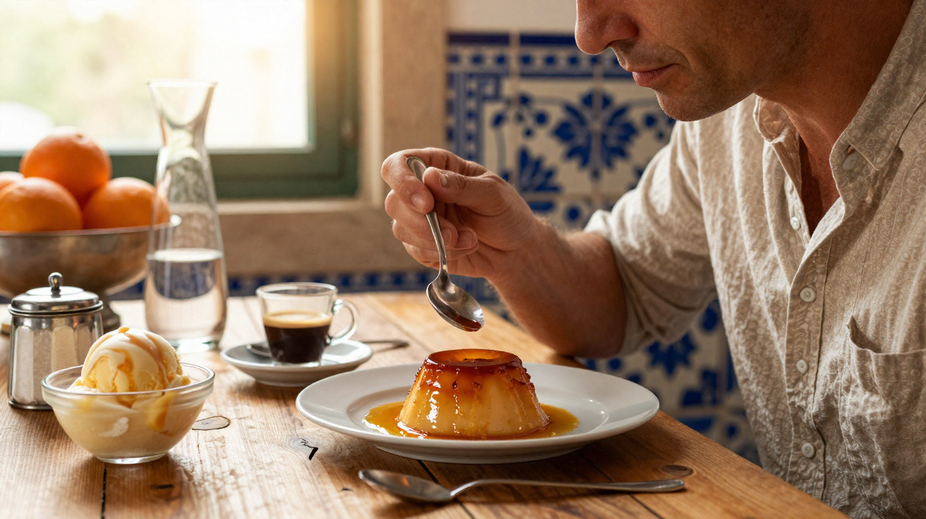 Homem a saborear pudim com caramelo numa mesa com gelado, café e fruta, num ambiente tradicional.