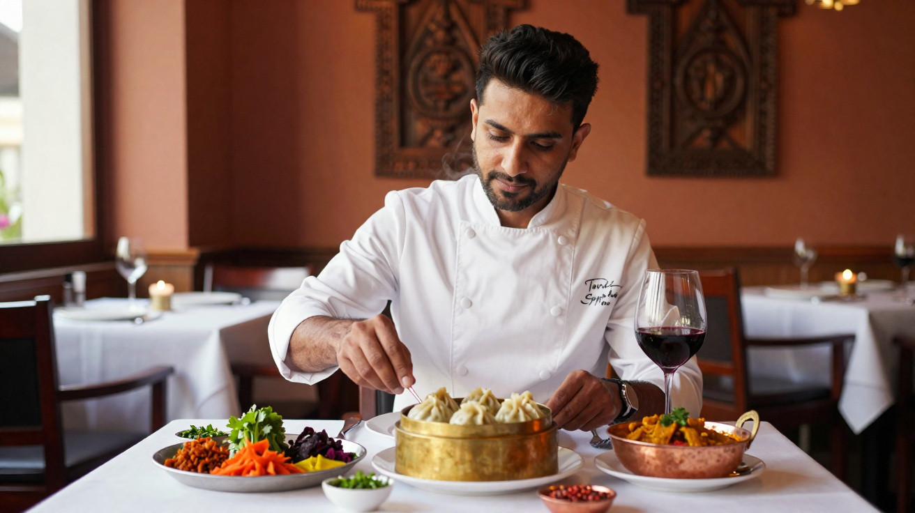 Chef a colocar especiarias em comida tradicional indiana servida em restaurante elegante com vinho tinto à mesa.