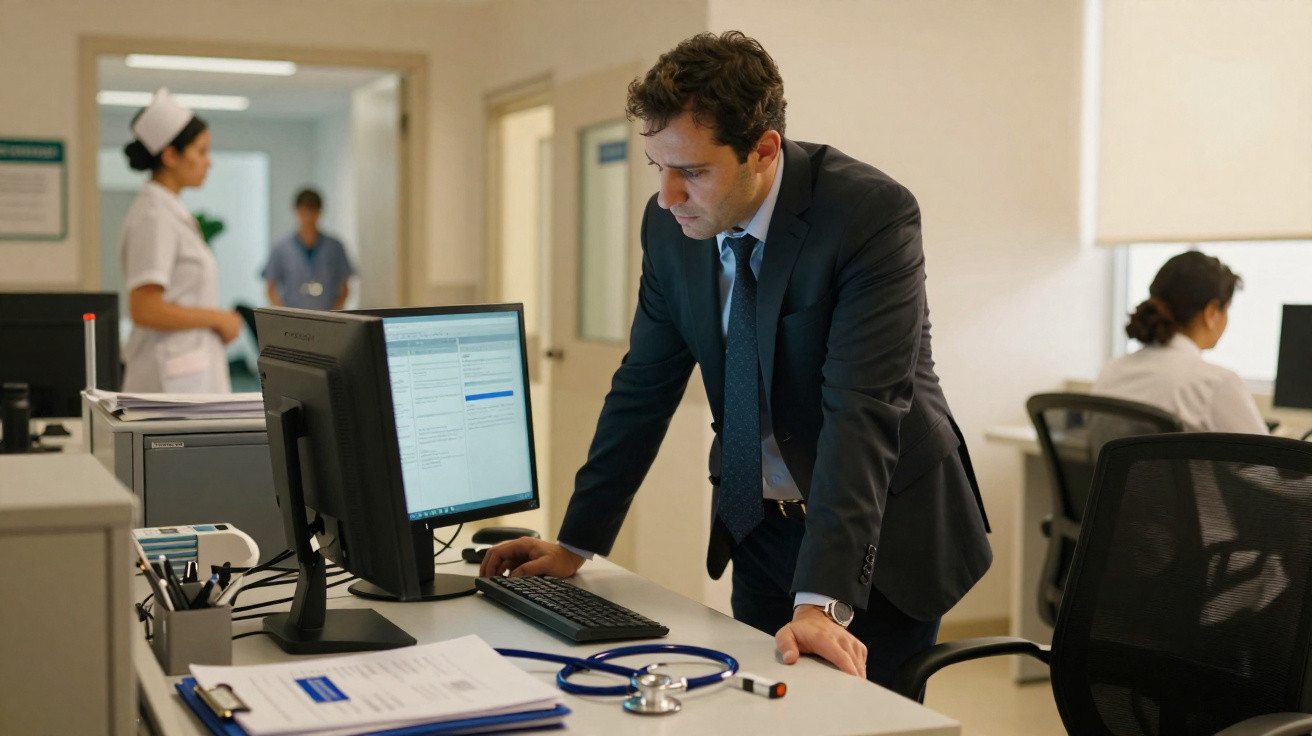 Homem de fato a trabalhar num computador num escritório hospitalar com equipa médica ao fundo.