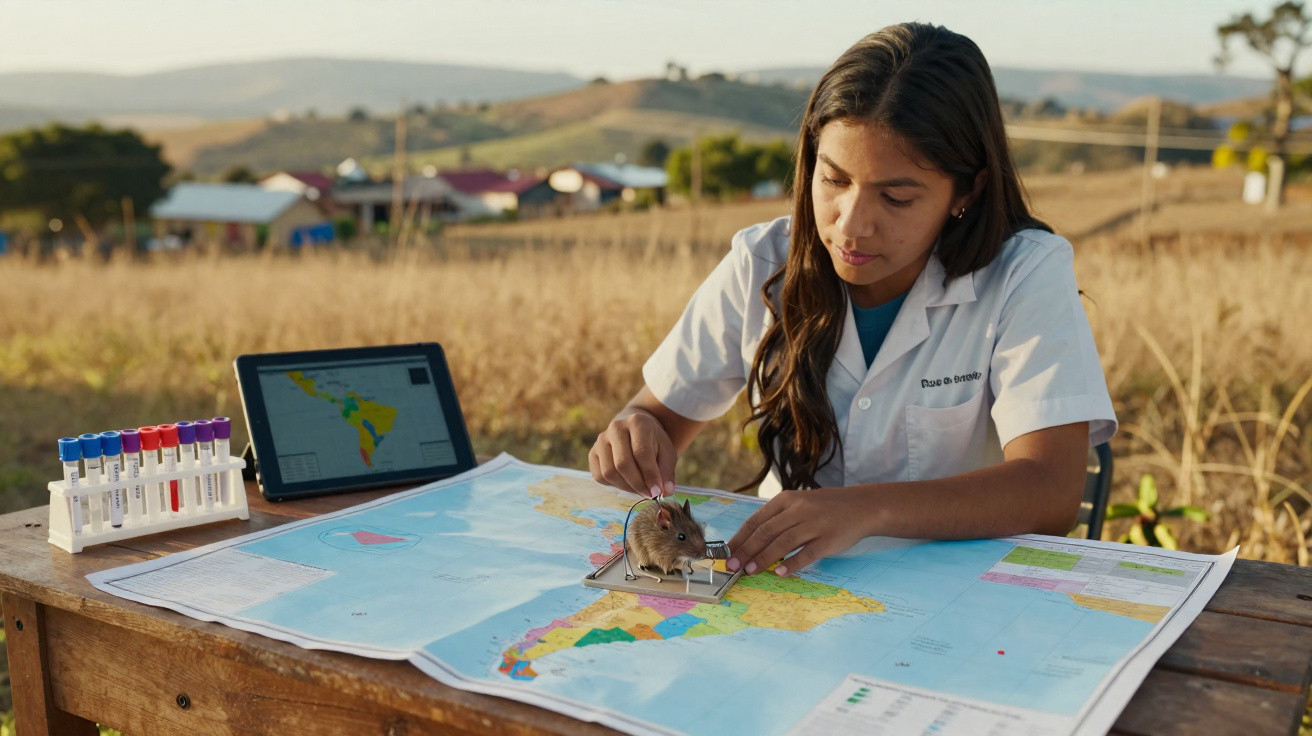 Mulher de bata branca trabalha com rato numa ratoeira sobre um mapa, ao ar livre numa área rural.