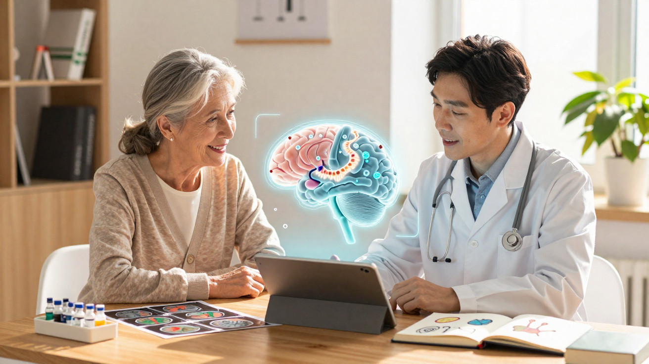 Médico e senhora idosa discutem cérebro com holograma digital numa consulta numa sala bem iluminada.