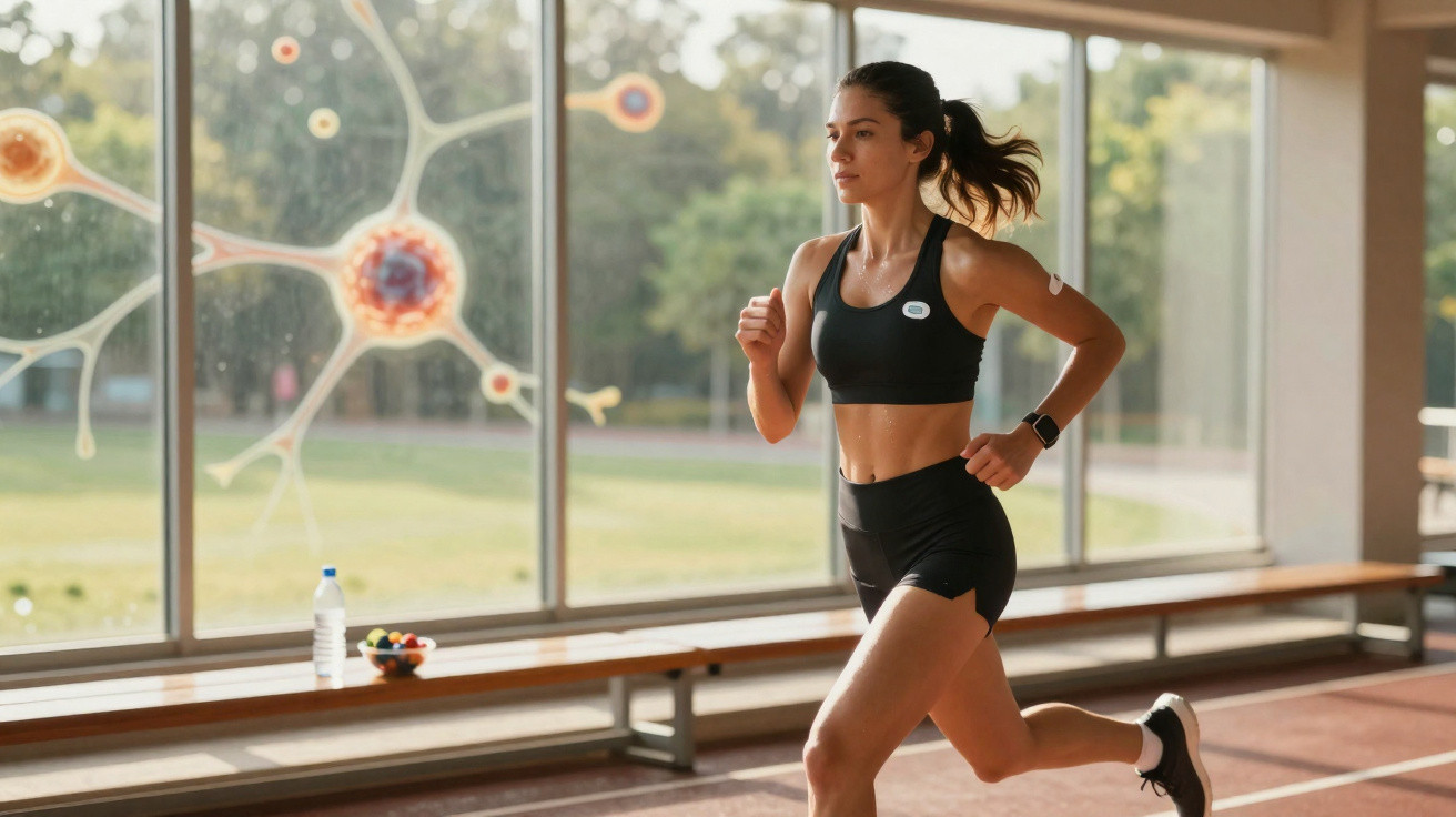 Mulher jovem a correr numa pista coberta, com roupa de desporto preta e cabelo apanhado.
