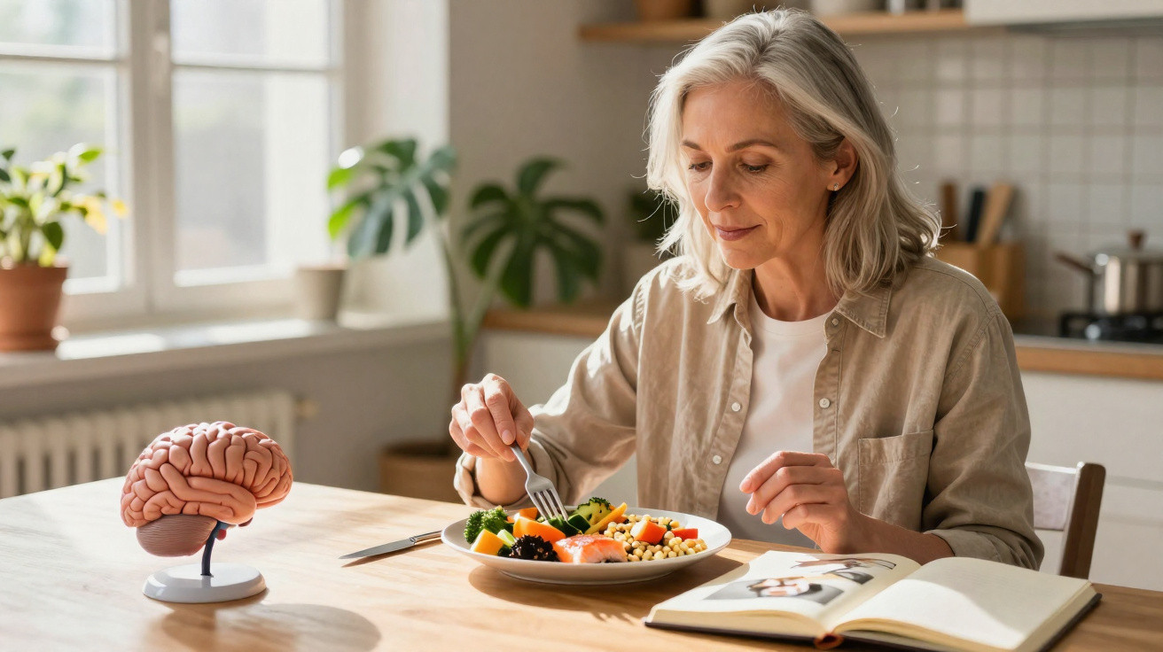 Mulher a comer salada saudável na cozinha ao lado de modelo anatómico de cérebro numa mesa de madeira.