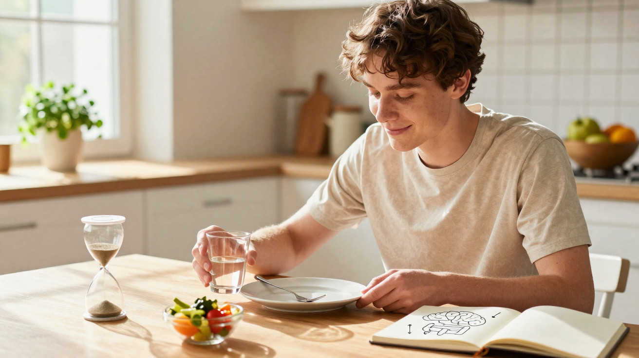 Jovem sentado à mesa da cozinha com prato vazio, copo de água, salada e livro aberto com desenho.