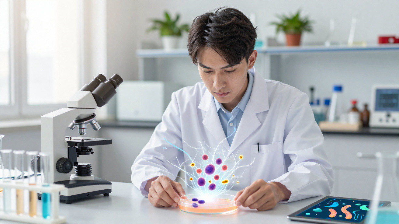 Homem cientista com bata branca examina bactérias numa placa de Petri em laboratório moderno.