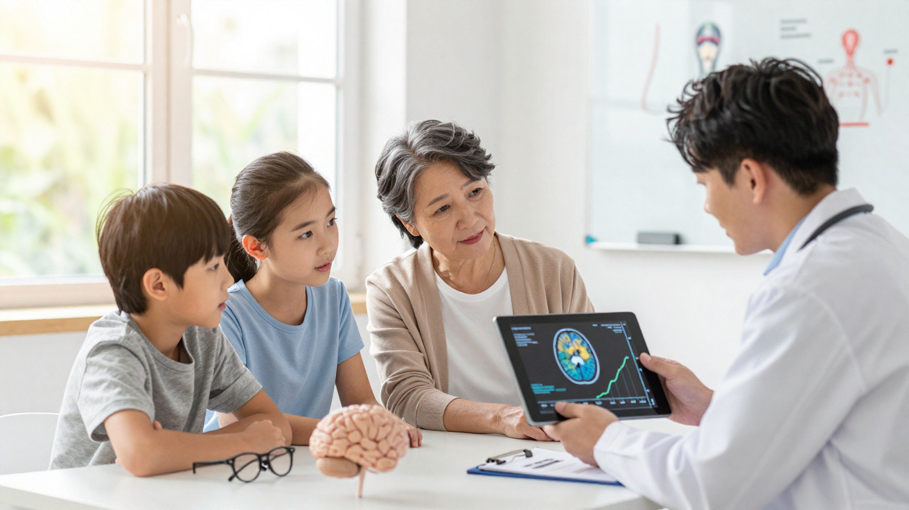 Médico mostra exame de cérebro em tablet para idosa e duas crianças numa consulta médica.
