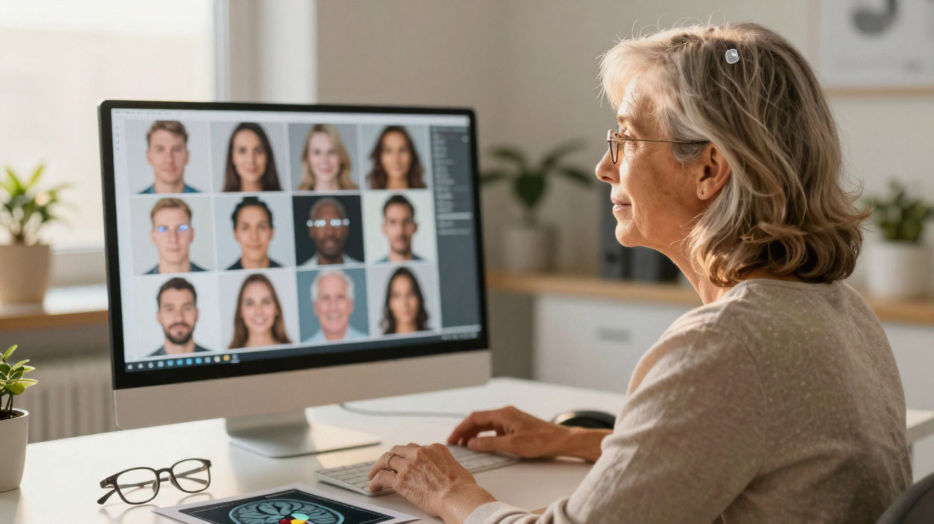 Mulher sénior a participar numa videoconferência com várias pessoas no ecrã do computador.