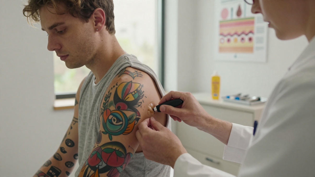 Homem com tatuagens a receber injeção no braço num consultório médico.