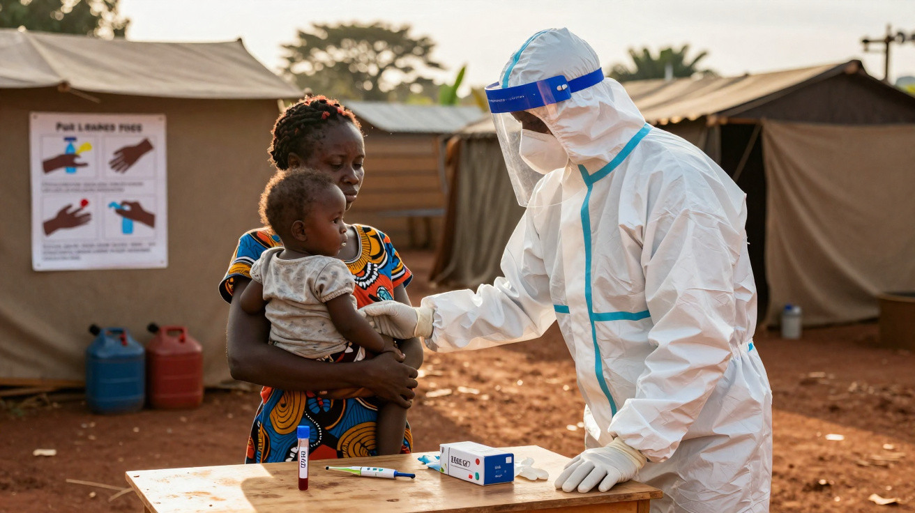 Profissional de saúde em equipamento de proteção a fazer teste a criança nos braços da mãe numa zona rural.