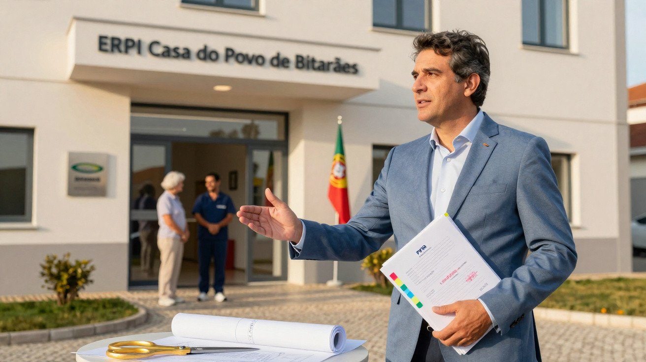 Homem de fato azul falando em evento junto a documento, em frente a ERPI Casa do Povo de Bitarães.