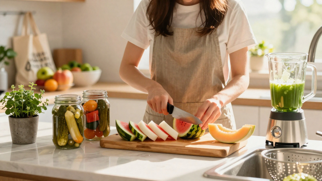 Pessoa a cortar melancia numa cozinha iluminada, com liquidificador e frascos de legumes em conserva na bancada.