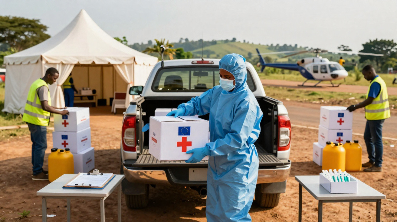 Profissionais de saúde em equipamento de proteção a descarregar caixas com símbolos de cruz vermelha para ajuda humanitária.
