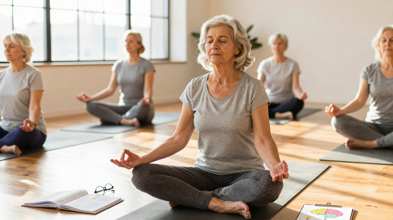 Grupo de mulheres séniores em posição de meditação sentadas em tapetes de yoga num estúdio iluminado.