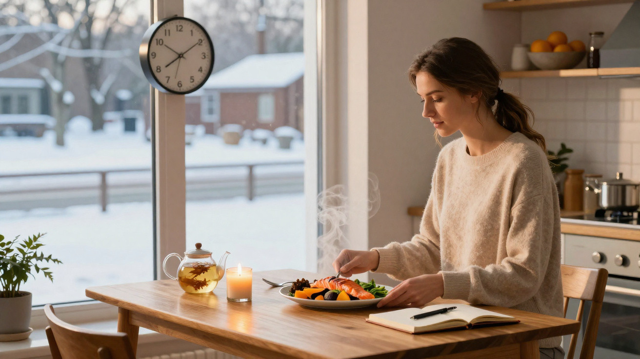 Mulher a comer sushi à mesa com chá e caderno, com neve visível pela janela atrás dela.