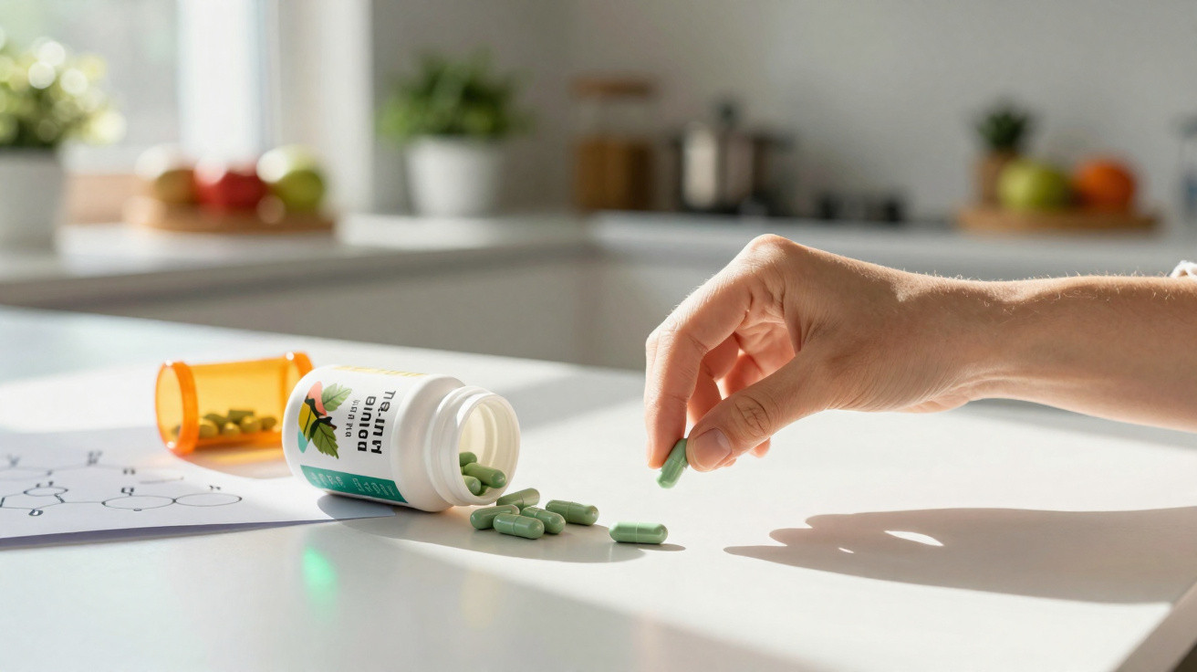 Mão a pegar um comprimido verde, frasco de suplementos naturais e frasco laranja de medicamentos numa cozinha iluminada.