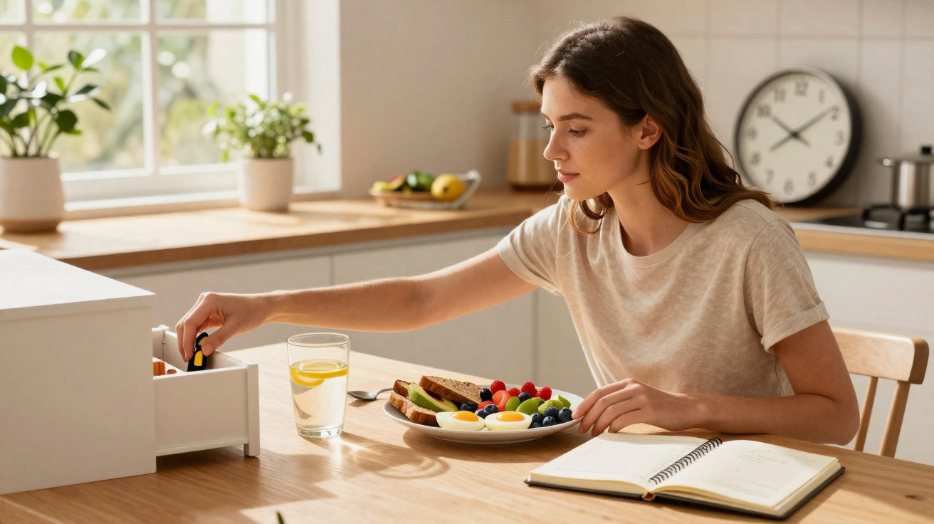 Mulher na cozinha a apanhar medicamento, com prato de comida e caderno na mesa.
