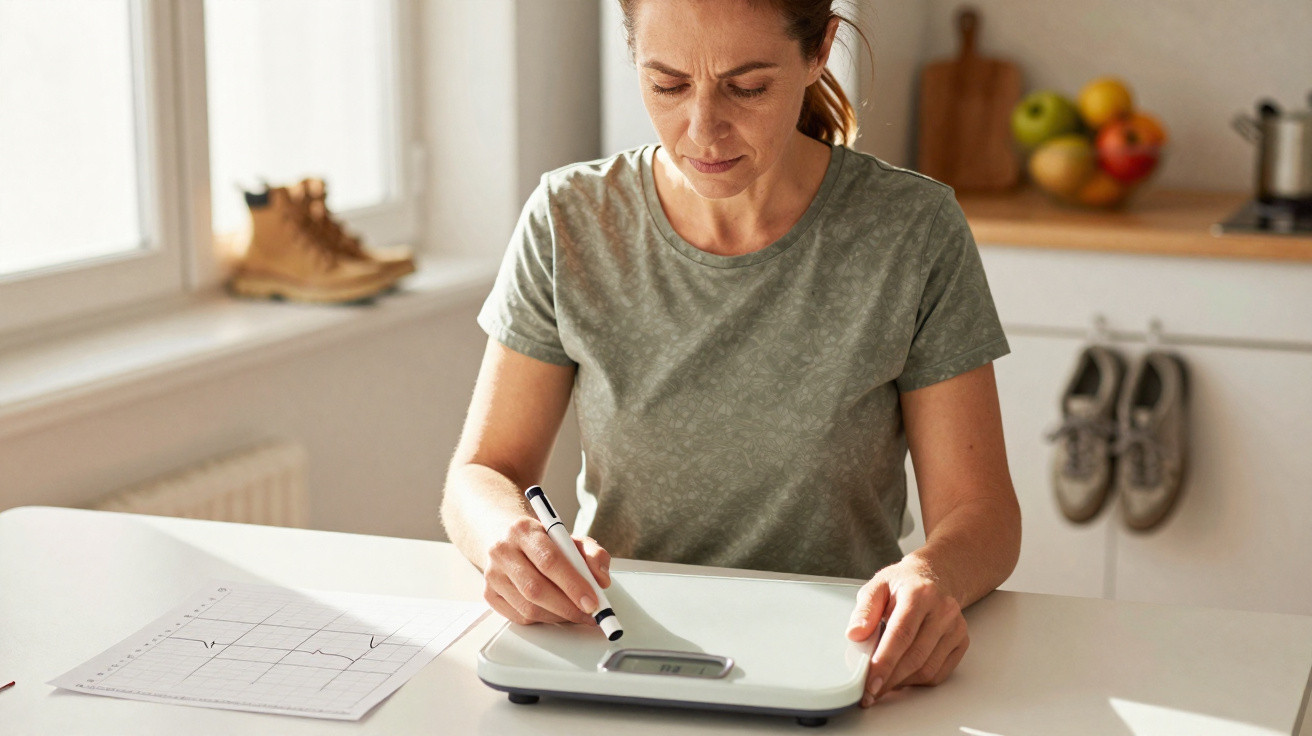 Mulher sentada na cozinha a marcar resultados em papel ao lado de balança digital branca.