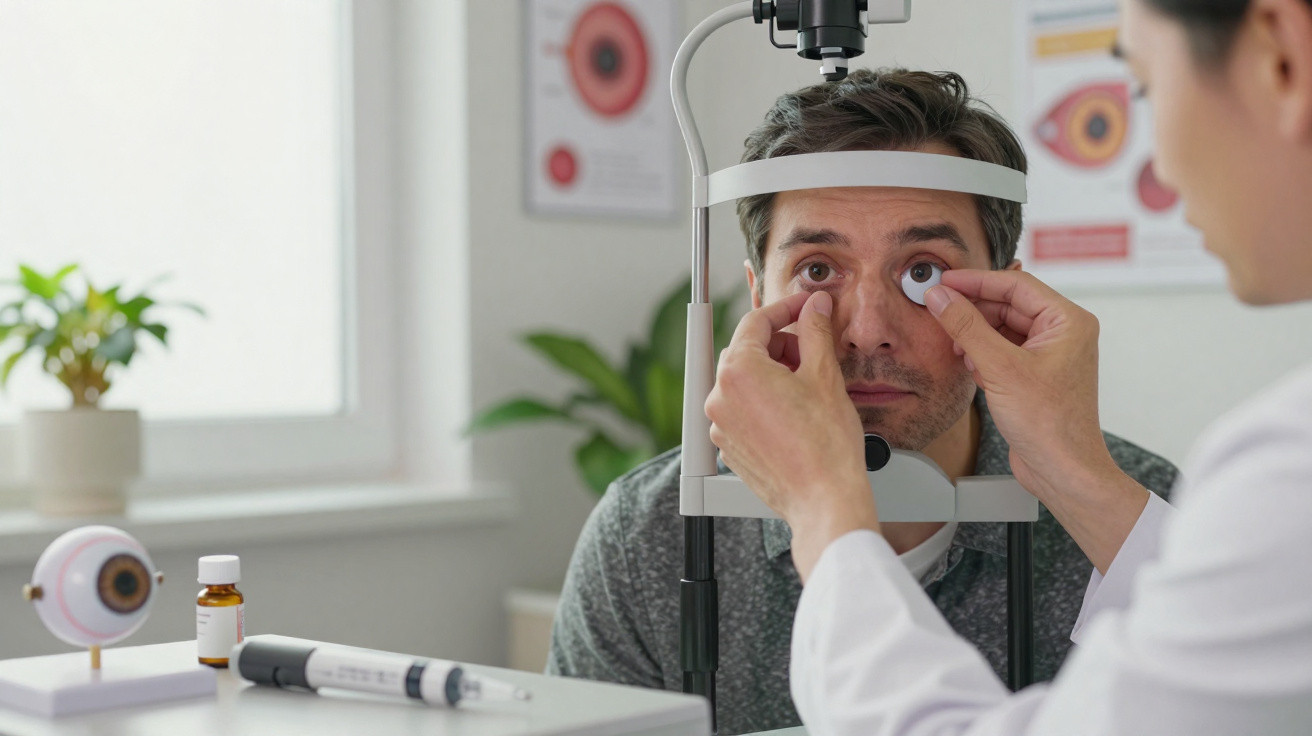 Homem a realizar exame oftalmológico com equipamento especializado numa clínica de olhos.