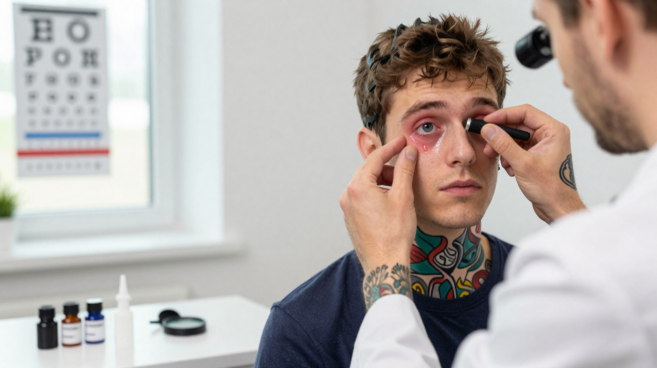 Médico oftalmologista examina olho inflamado de jovem com tatuagens no pescoço numa clínica.