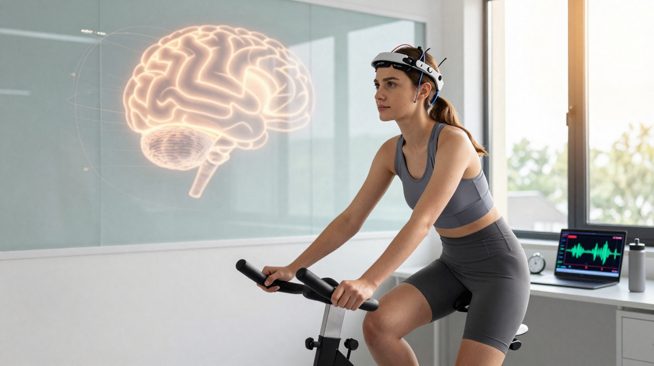 Mulher a pedalar numa bicicleta estática usando dispositivo para monitorização cerebral com imagem de cérebro holográfico.