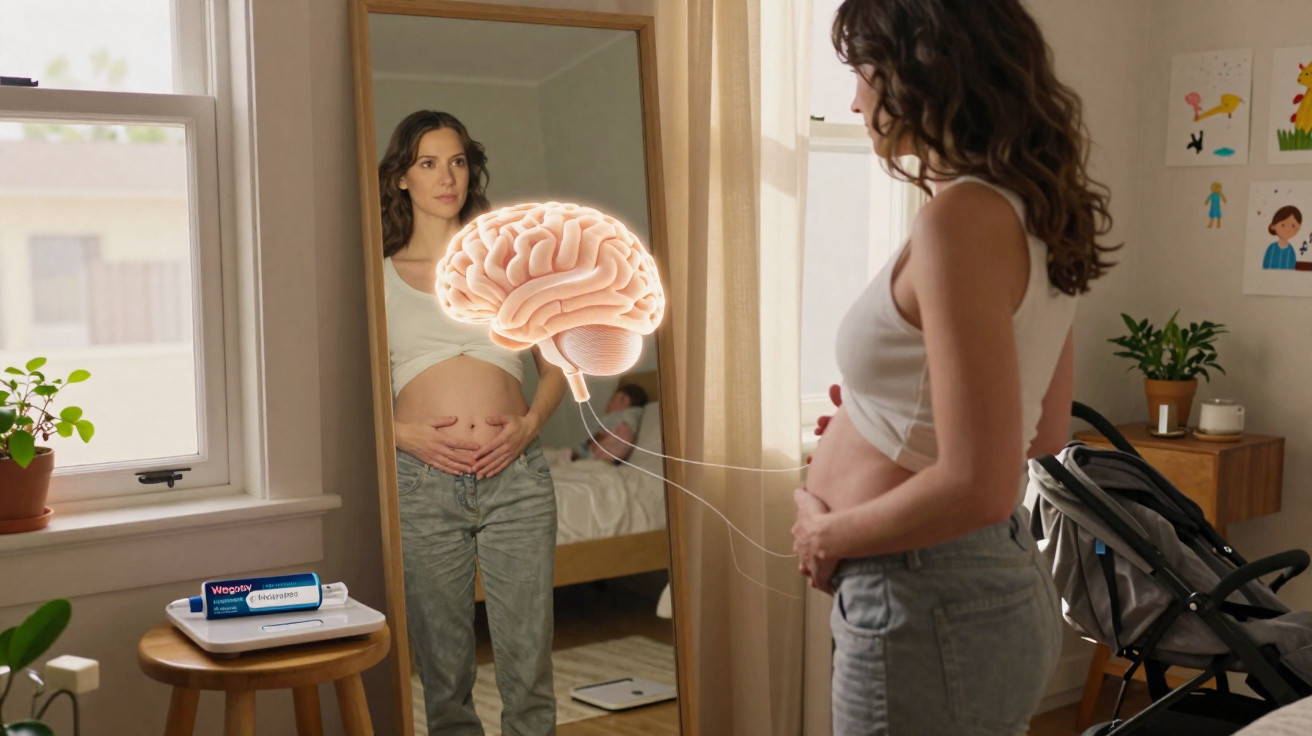 Mulher grávida olhando para o espelho com ilustração de cérebro ligada à barriga, simbolizando conexão mãe-bebé.