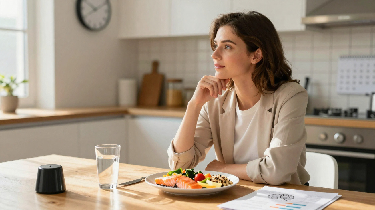Mulher sentada à mesa na cozinha com prato de comida saudável e copo de água, a olhar pensativa para o lado.